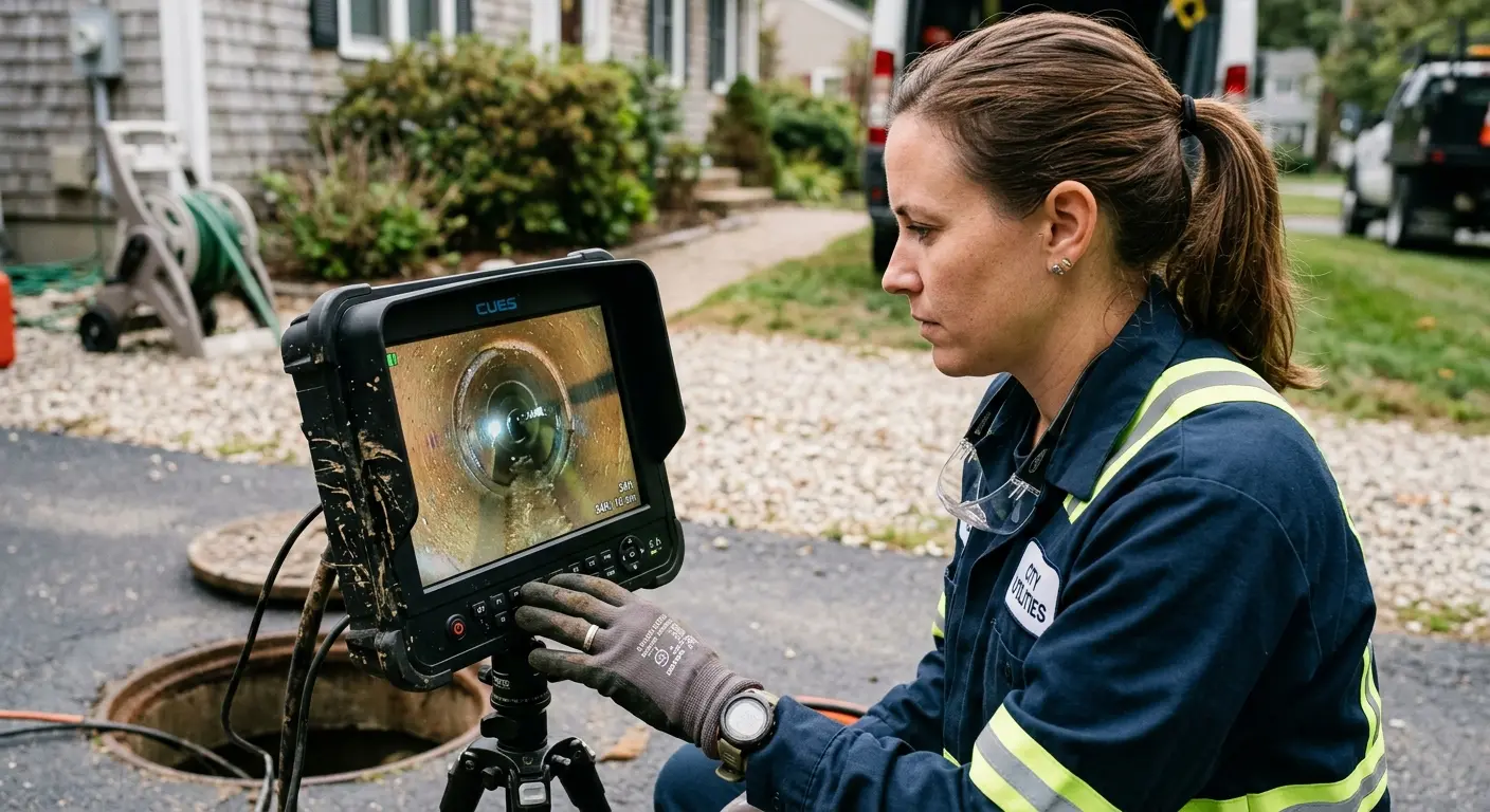 Technician reviewing sewer camera inspection footage in Tichigan