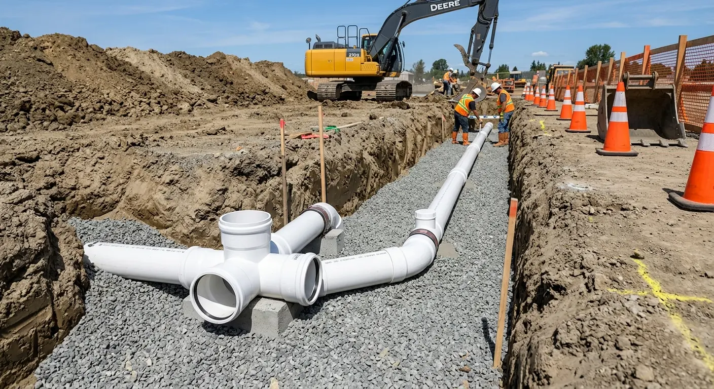 New PVC sewer pipe installation in open trench for Sewer Backup in Tichigan