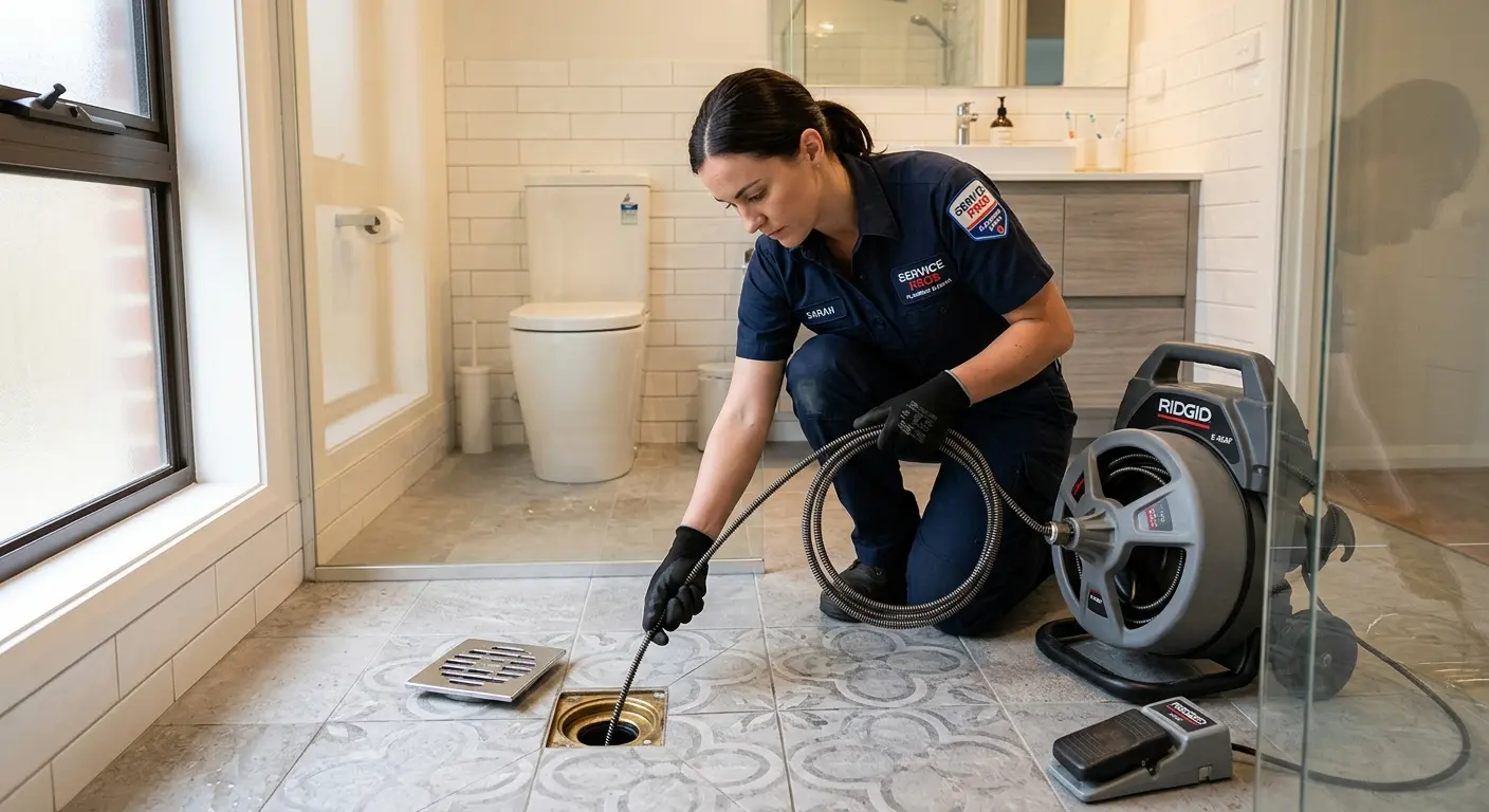 Technician clearing a bathroom floor drain for Hydro Jetting in Tichigan